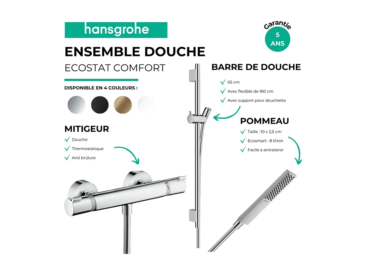 Pack mitigeur douche thermostatique HANSGROHE Ecostat Comfort + Barre Unica S Puro + flexible + Pommeau Pulsify E noir mat