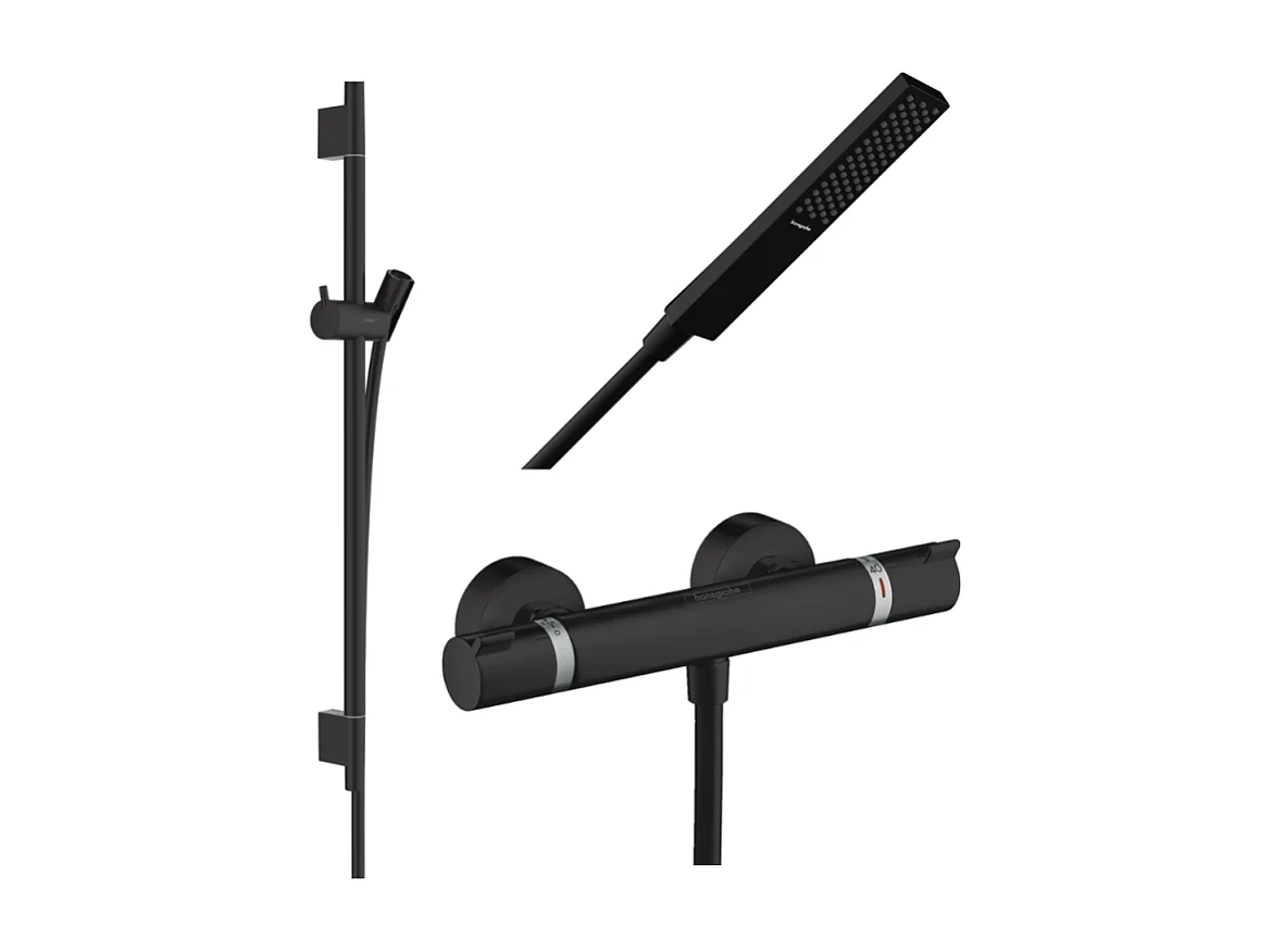 Pack mitigeur douche thermostatique HANSGROHE Ecostat Comfort + Barre Unica S Puro + flexible + Pommeau Pulsify E noir mat