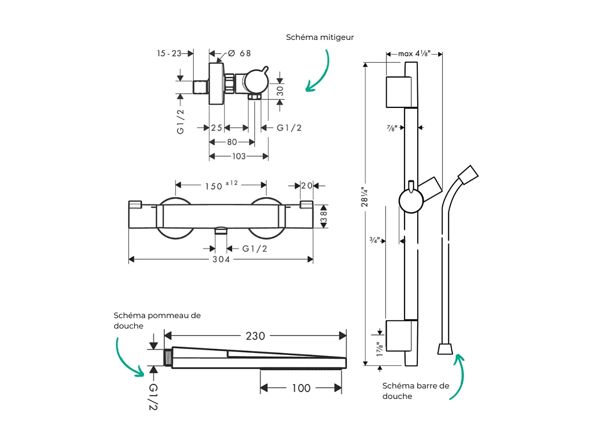 Pack mitigeur douche thermostatique HANSGROHE Ecostat Comfort + Barre Unica S Puro + flexible + Pommeau Pulsify E noir mat