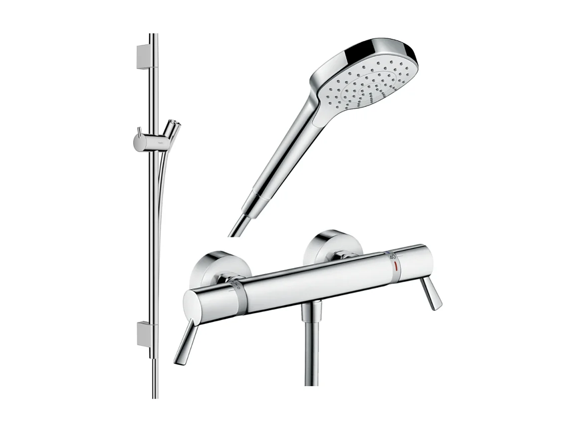 Pack mitigeur douche thermostatique HANSGROHE Ecostat Comfort Care + Barre Unica S Puro + flexible + Pommeau Croma Select E chromé