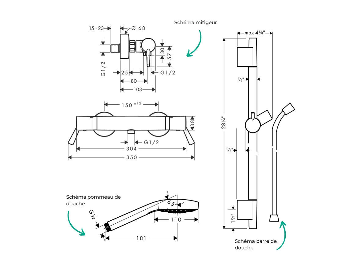 Pack mitigeur douche thermostatique HANSGROHE Ecostat Comfort Care + Barre Unica S Puro + flexible + Pommeau Croma Select E chromé