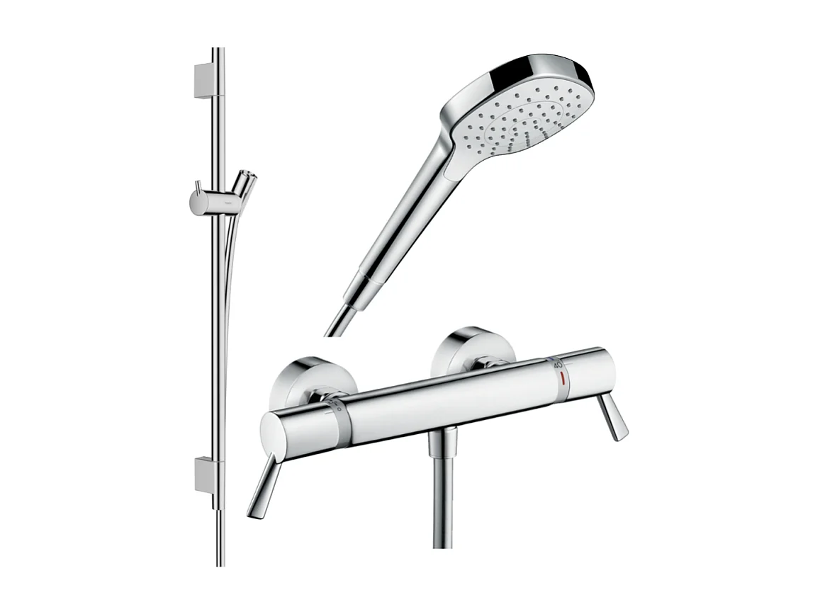 Pack mitigeur douche thermostatique HANSGROHE Ecostat Comfort Care + Barre Unica S Puro + flexible + Pommeau Croma Select E chromé