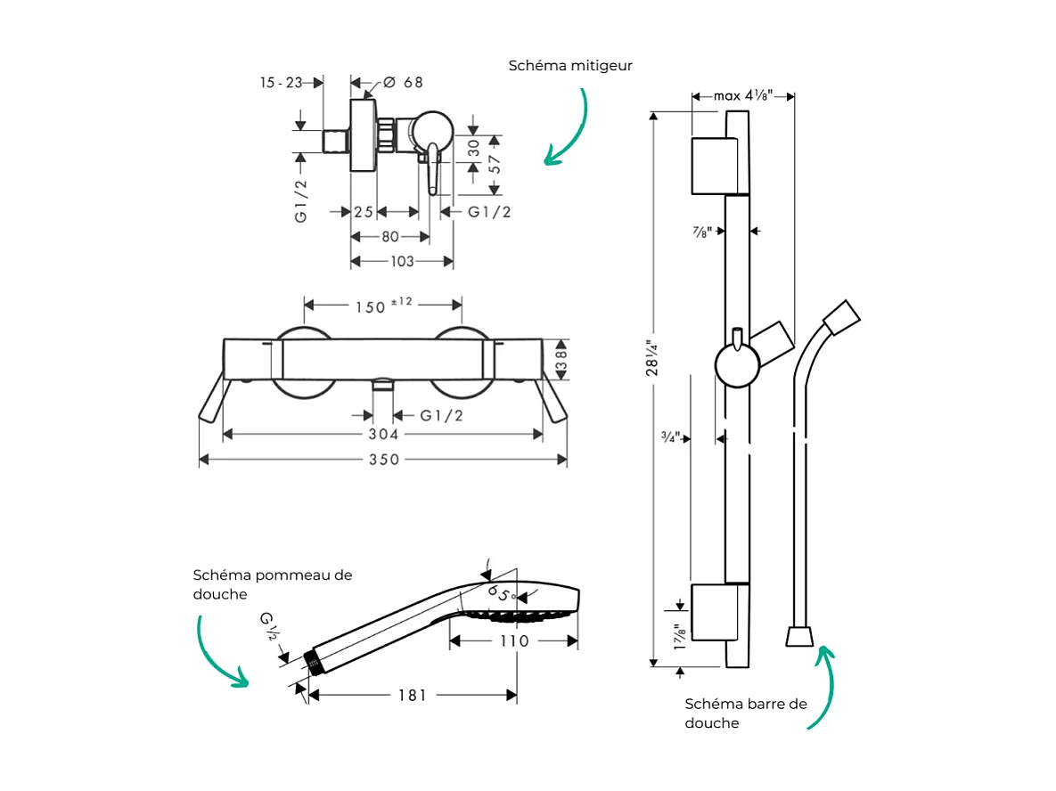 Pack mitigeur douche thermostatique HANSGROHE Ecostat Comfort Care + Barre Unica S Puro + flexible + Pommeau Croma Select E chromé