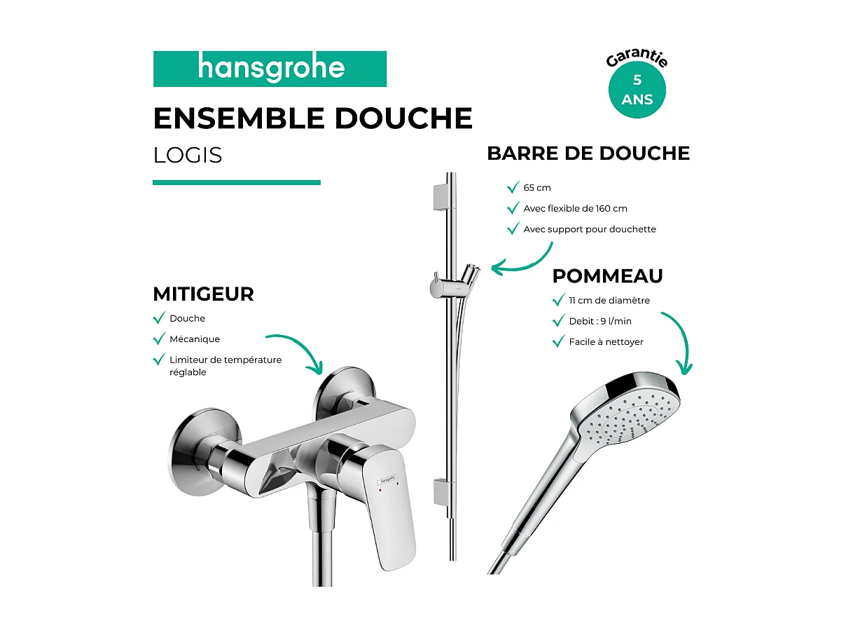 Pack mitigeur douche mécanique HANSGROHE Logis + Barre Unica S Puro + flexible + Pommeau Croma Select E blanc/chromé