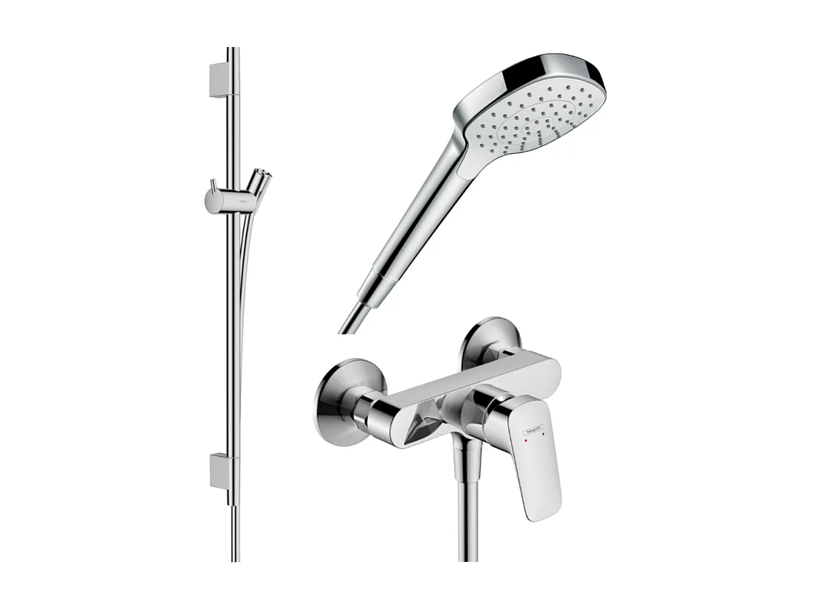 Pack mitigeur douche mécanique HANSGROHE Logis + Barre Unica S Puro + flexible + Pommeau Croma Select E blanc/chromé