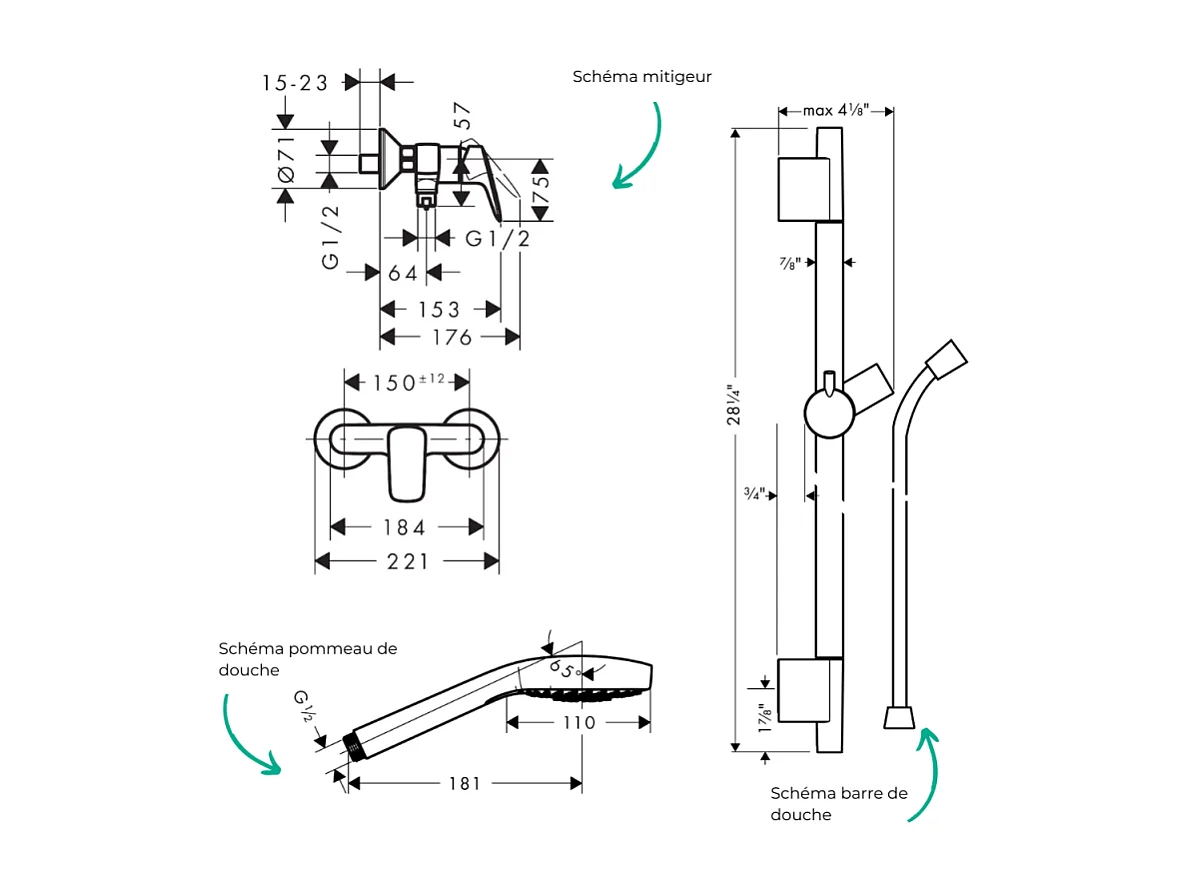 Pack mitigeur douche mécanique HANSGROHE Logis + Barre Unica S Puro + flexible + Pommeau Croma Select E blanc/chromé