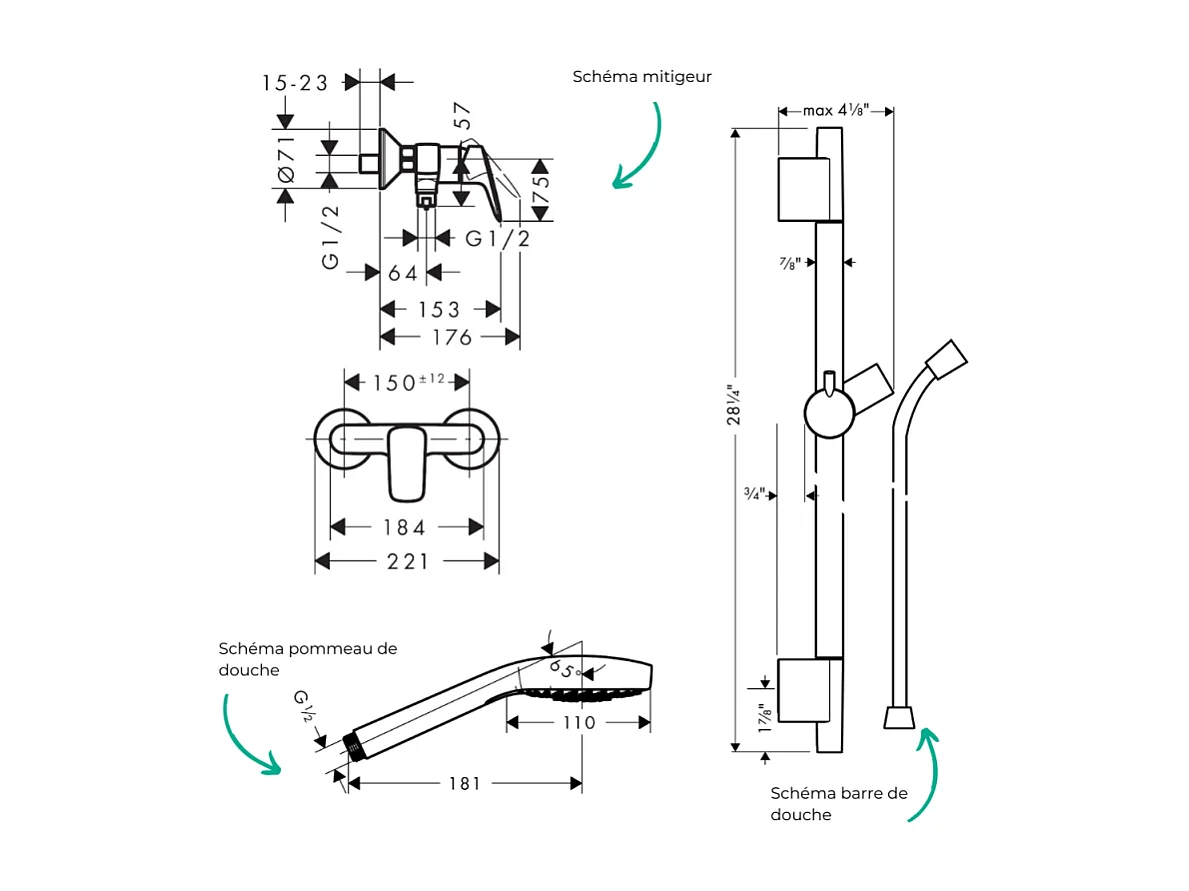 Pack mitigeur douche mécanique HANSGROHE Logis + Barre Unica S Puro + flexible + Pommeau Croma Select E blanc/chromé