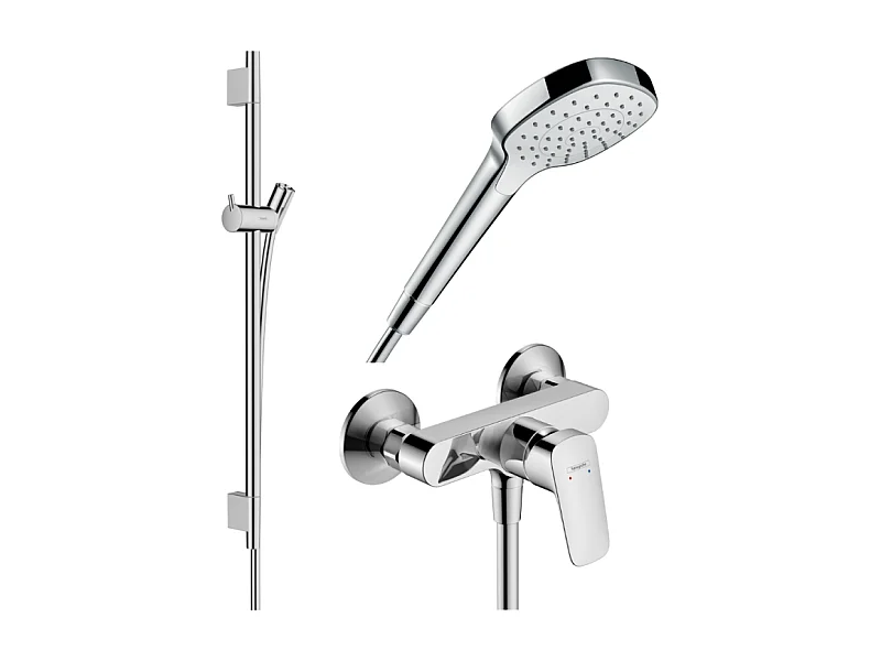Pack mitigeur douche mécanique HANSGROHE Logis + Barre Unica S Puro + flexible + Pommeau Croma Select E blanc/chromé