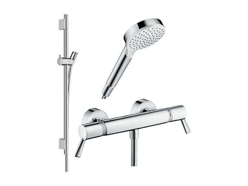 Pack mitigeur douche thermostatique HANSGROHE Ecostat Comfort Care + Barre Unica S Puro + flexible + Pommeau Crometta blanc/chromé