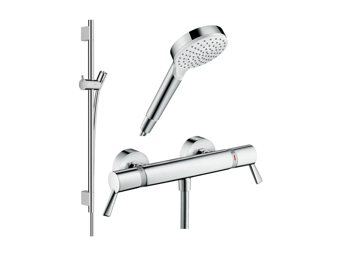 Pack mitigeur douche thermostatique HANSGROHE Ecostat Comfort Care + Barre Unica S Puro + flexible + Pommeau Crometta blanc/chromé