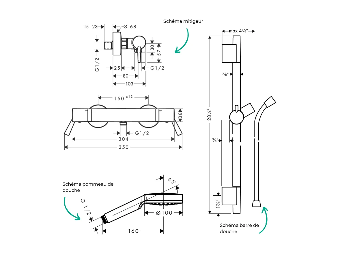 Pack mitigeur douche thermostatique HANSGROHE Ecostat Comfort Care + Barre Unica S Puro + flexible + Pommeau Crometta blanc/chromé