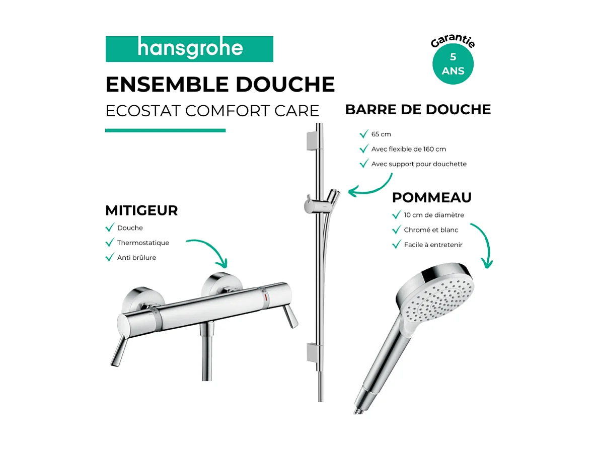 Pack mitigeur douche thermostatique HANSGROHE Ecostat Comfort Care + Barre Unica S Puro + flexible + Pommeau Crometta blanc/chromé