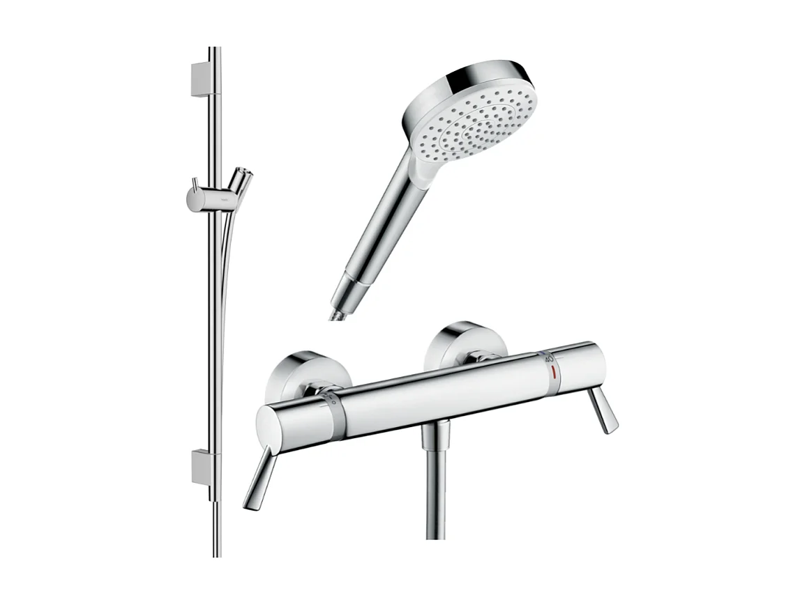 Pack mitigeur douche thermostatique HANSGROHE Ecostat Comfort Care + Barre Unica S Puro + flexible + Pommeau Crometta blanc/chromé