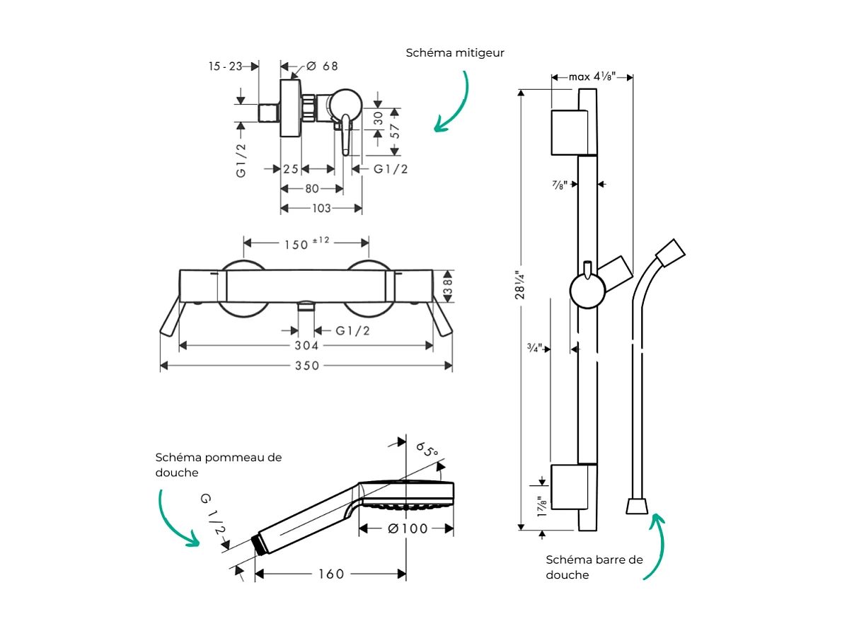 Pack mitigeur douche thermostatique HANSGROHE Ecostat Comfort Care + Barre Unica S Puro + flexible + Pommeau Crometta blanc/chromé