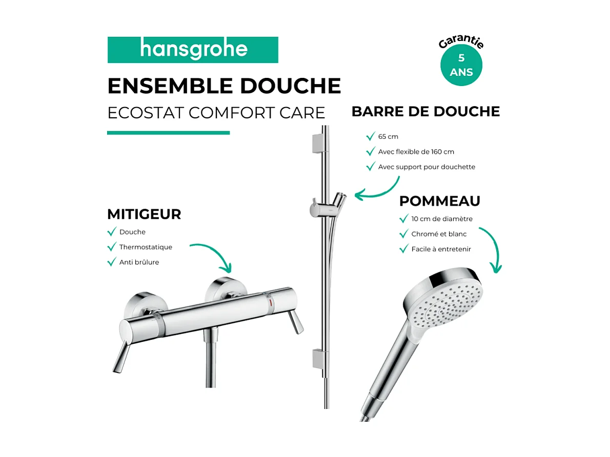 Pack mitigeur douche thermostatique HANSGROHE Ecostat Comfort Care + Barre Unica S Puro + flexible + Pommeau Crometta blanc/chromé