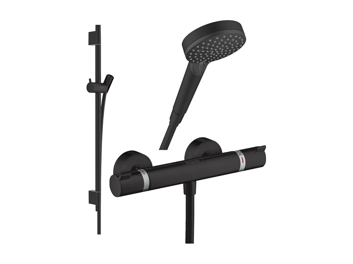 Pack mitigeur douche thermostatique HANSGROHE Ecostat Comfort + Barre Unica S Puro + flexible+ Pommeau Vernis Blend Vario noir mat