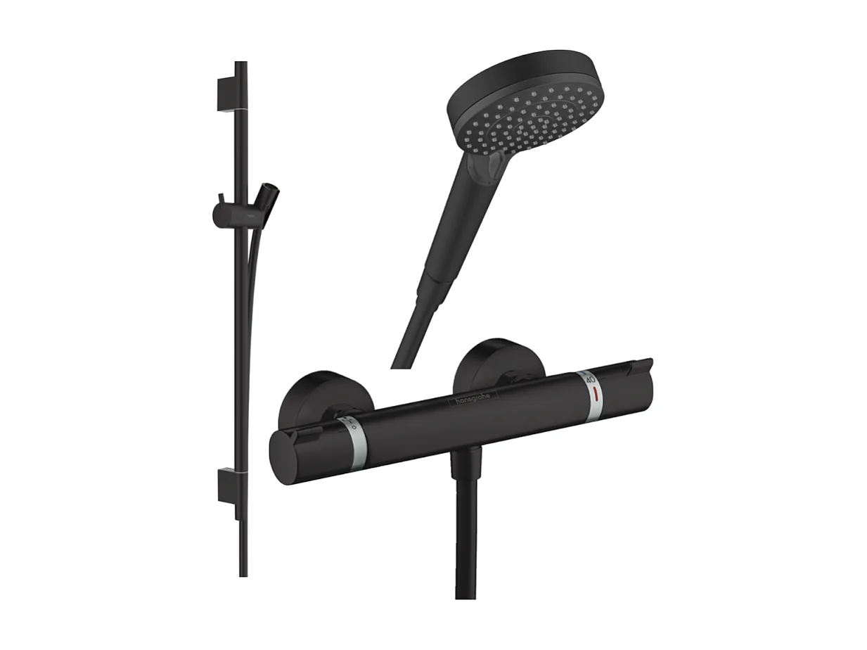 Pack mitigeur douche thermostatique HANSGROHE Ecostat Comfort + Barre Unica S Puro + flexible+ Pommeau Vernis Blend Vario noir mat