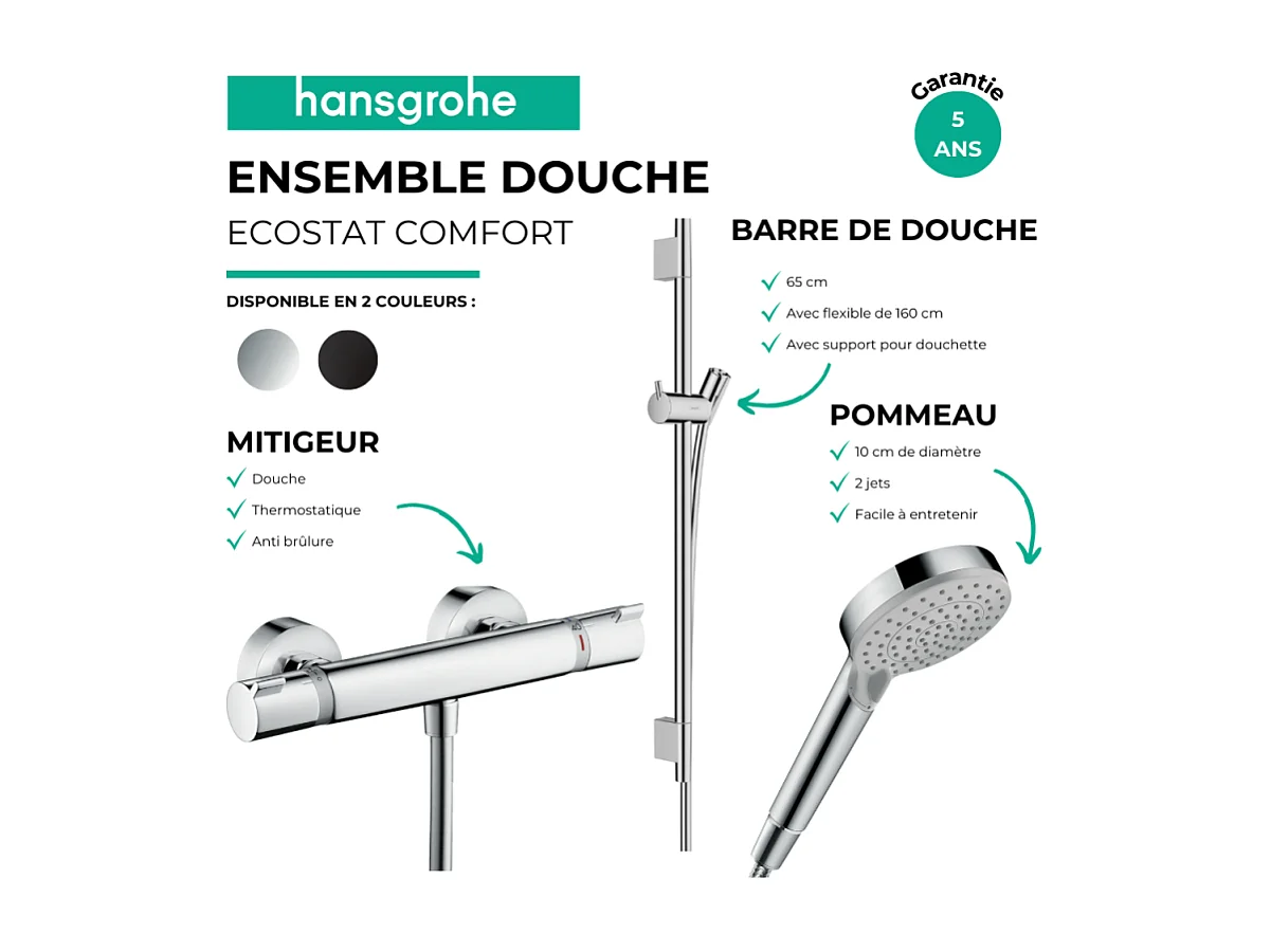 Pack mitigeur douche thermostatique HANSGROHE Ecostat Comfort + Barre Unica S Puro + flexible+ Pommeau Vernis Blend Vario noir mat