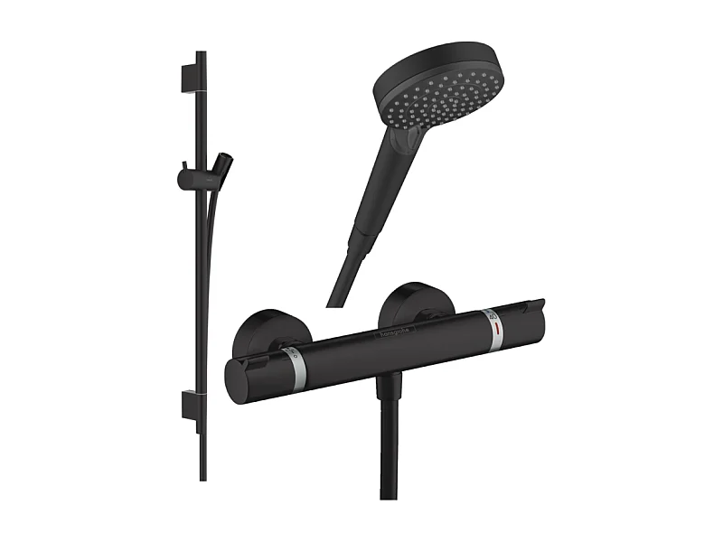 Pack mitigeur douche thermostatique HANSGROHE Ecostat Comfort + Barre Unica S Puro + flexible+ Pommeau Vernis Blend Vario noir mat