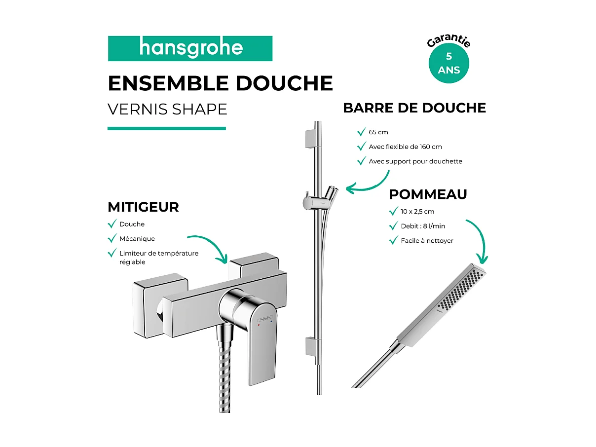 Pack mitigeur douche mécanique HANSGROHE Vernis Shape + Barre Unica S Puro + flexible + Pommeau Pulsify E chromé
