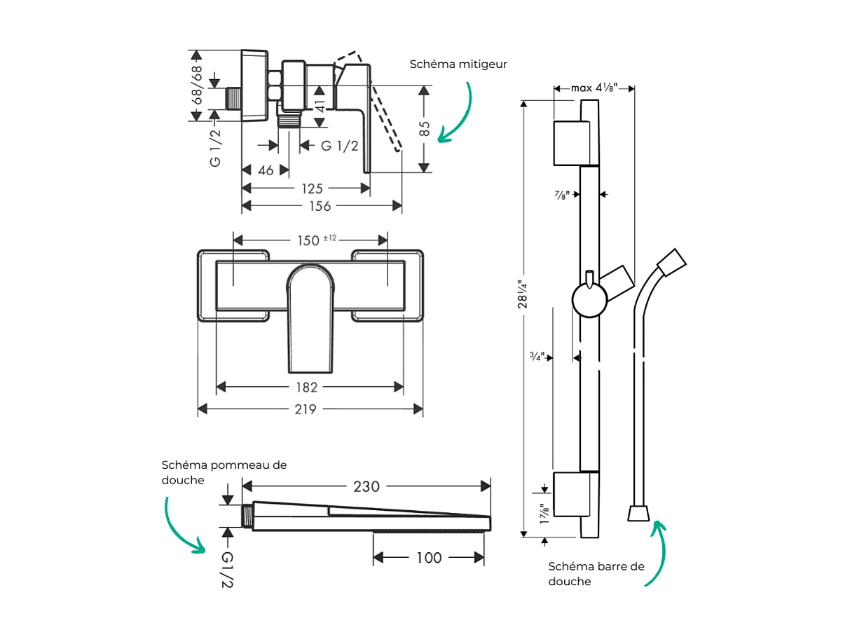 Pack mitigeur douche mécanique HANSGROHE Vernis Shape + Barre Unica S Puro + flexible + Pommeau Pulsify E chromé