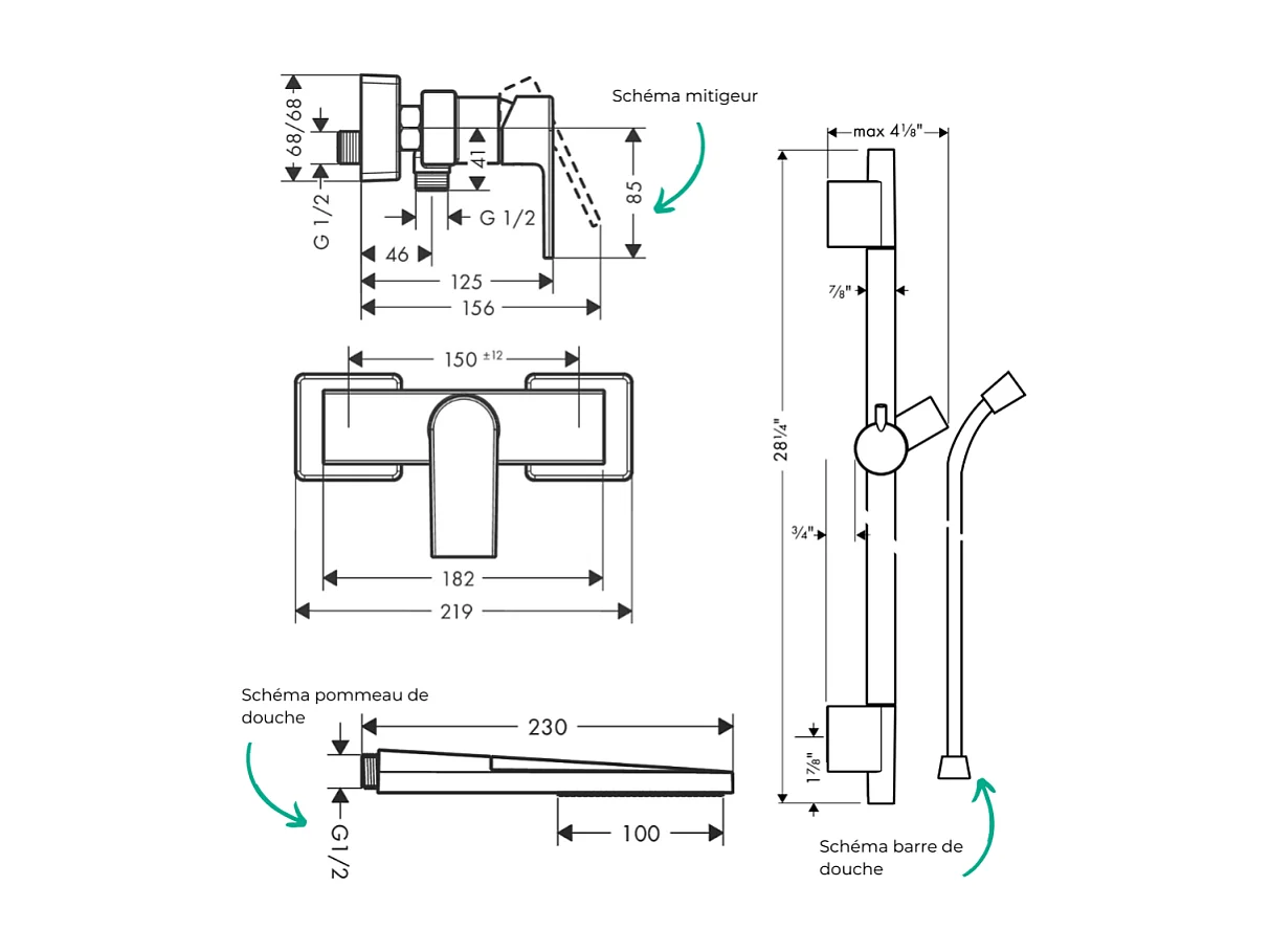 Pack mitigeur douche mécanique HANSGROHE Vernis Shape + Barre Unica S Puro + flexible + Pommeau Pulsify E chromé