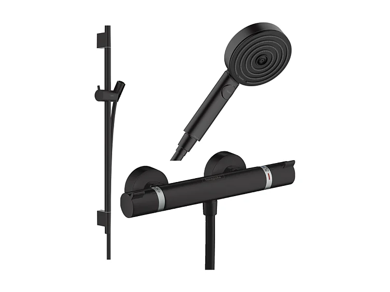 Pack mitigeur douche thermostatique HANSGROHE Ecostat Comfort + Barre Unica + flexible + Pommeau Pulsify Select 3 jets noir mat