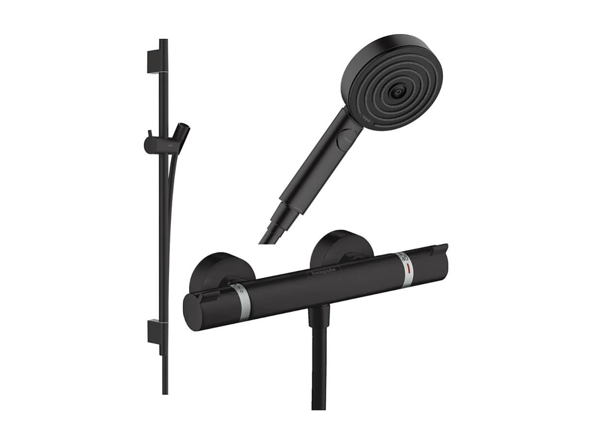 Pack mitigeur douche thermostatique HANSGROHE Ecostat Comfort + Barre Unica + flexible + Pommeau Pulsify Select 3 jets noir mat