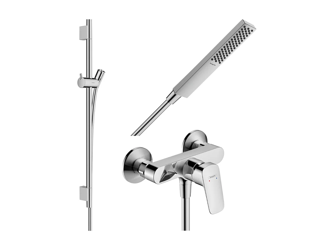 Pack mitigeur douche mécanique HANSGROHE Logis + Barre Unica S Puro + flexible + Pommeau Pulsify E chromé