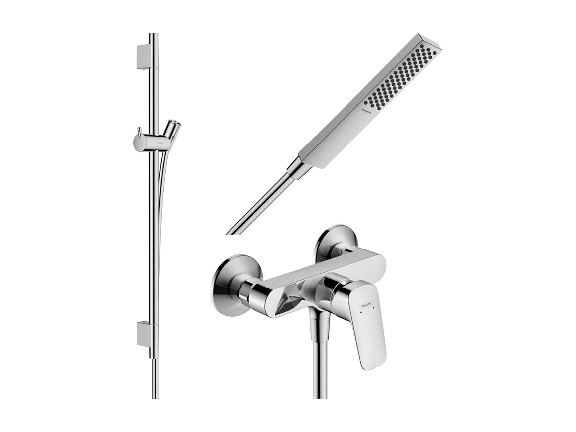 Pack mitigeur douche mécanique HANSGROHE Logis + Barre Unica S Puro + flexible + Pommeau Pulsify E chromé