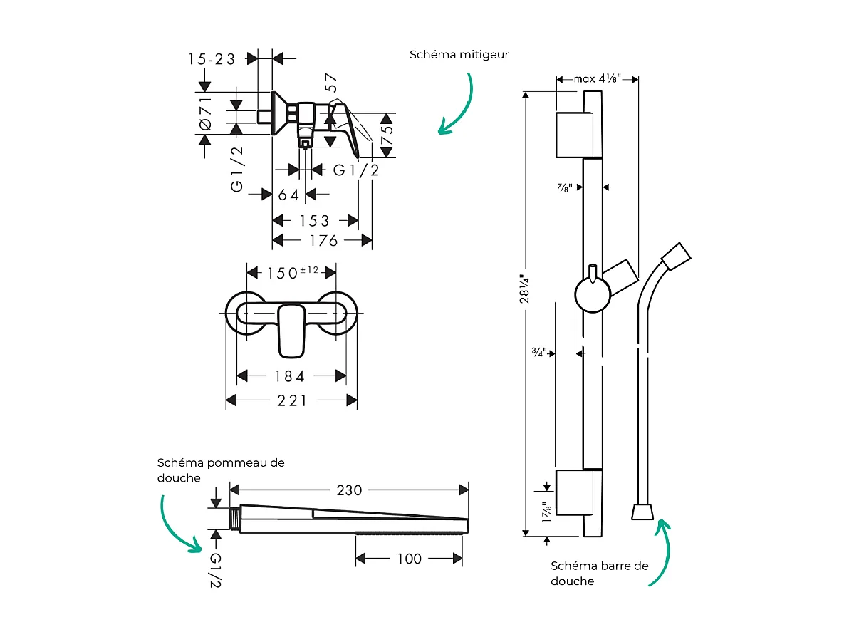 Pack mitigeur douche mécanique HANSGROHE Logis + Barre Unica S Puro + flexible + Pommeau Pulsify E chromé