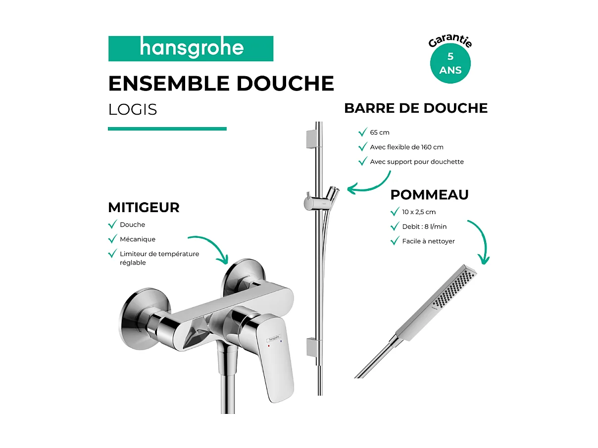 Pack mitigeur douche mécanique HANSGROHE Logis + Barre Unica S Puro + flexible + Pommeau Pulsify E chromé