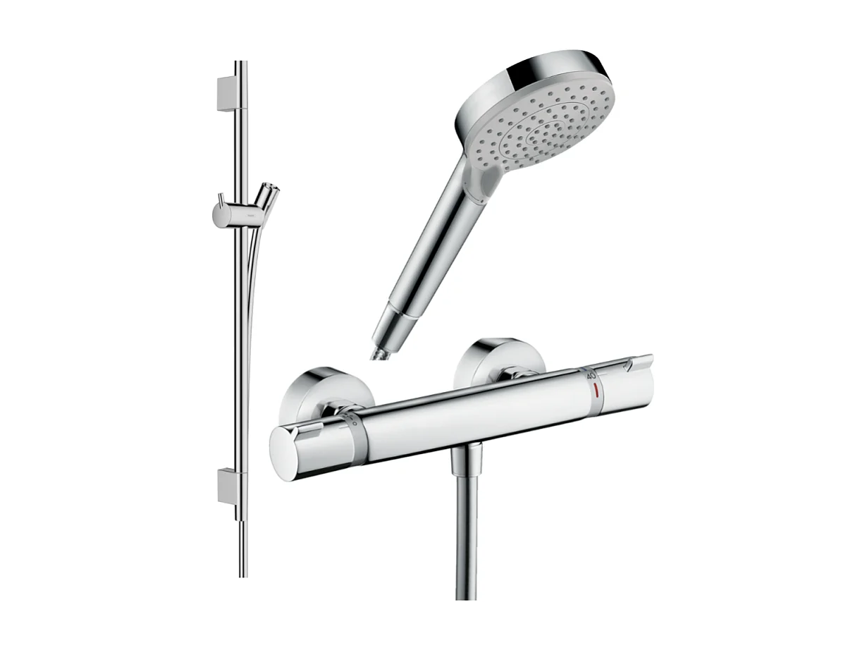 Pack mitigeur douche thermostatique HANSGROHE Ecostat Comfort + Barre Unica S Puro + flexible + Pommeau Vernis Blend Vario chromé