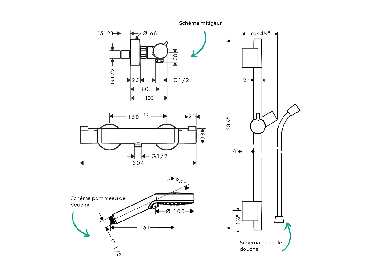 Pack mitigeur douche thermostatique HANSGROHE Ecostat Comfort + Barre Unica S Puro + flexible + Pommeau Vernis Blend Vario chromé