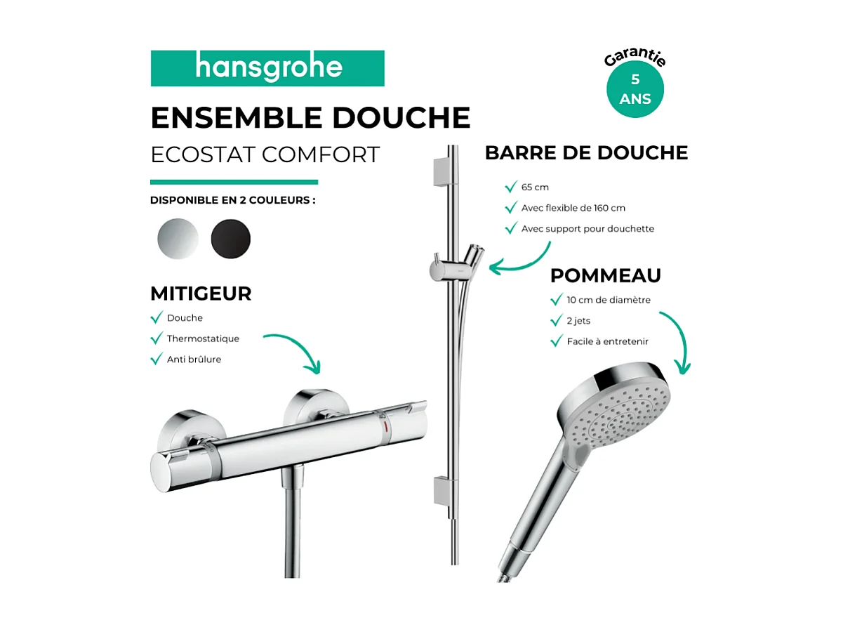 Pack mitigeur douche thermostatique HANSGROHE Ecostat Comfort + Barre Unica S Puro + flexible + Pommeau Vernis Blend Vario chromé
