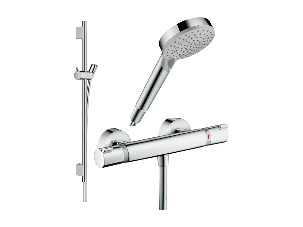 Pack mitigeur douche thermostatique HANSGROHE Ecostat Comfort + Barre Unica S Puro + flexible + Pommeau Vernis Blend Vario chromé