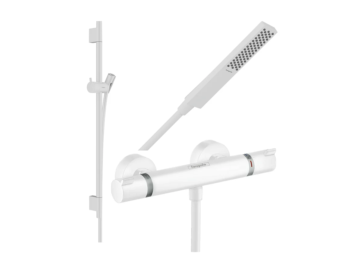 Pack mitigeur douche thermostatique HANSGROHE Ecostat Comfort + Barre Unica S Puro + flexible + Pommeau Pulsify E blanc mat
