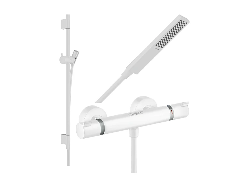 Pack mitigeur douche thermostatique HANSGROHE Ecostat Comfort + Barre Unica S Puro + flexible + Pommeau Pulsify E blanc mat