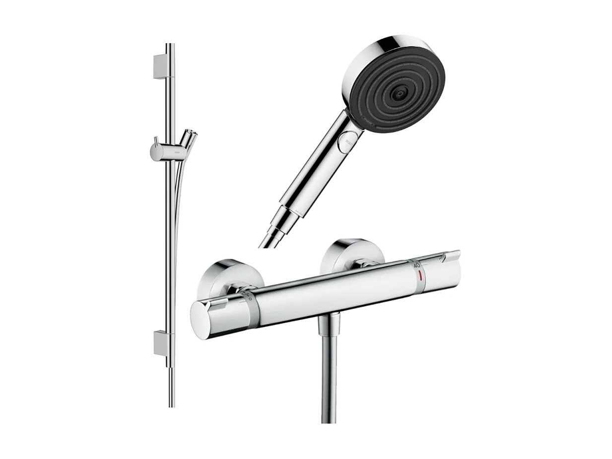 Pack mitigeur douche thermostatique HANSGROHE Ecostat Comfort + Barre Unica + flexible + Pommeau Pulsify Select 3 jets chromé
