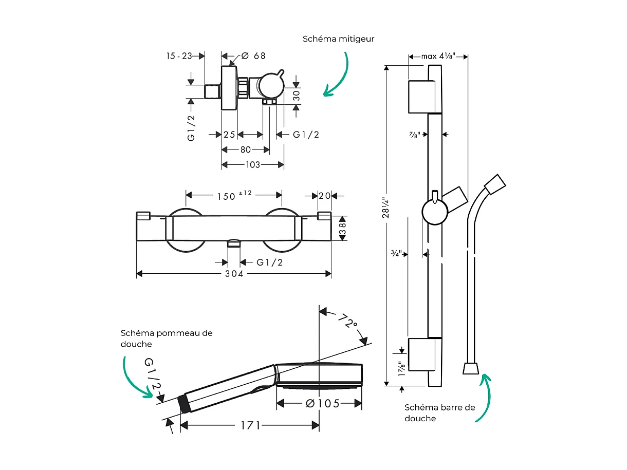 Pack mitigeur douche thermostatique HANSGROHE Ecostat Comfort + Barre Unica + flexible + Pommeau Pulsify Select 3 jets chromé