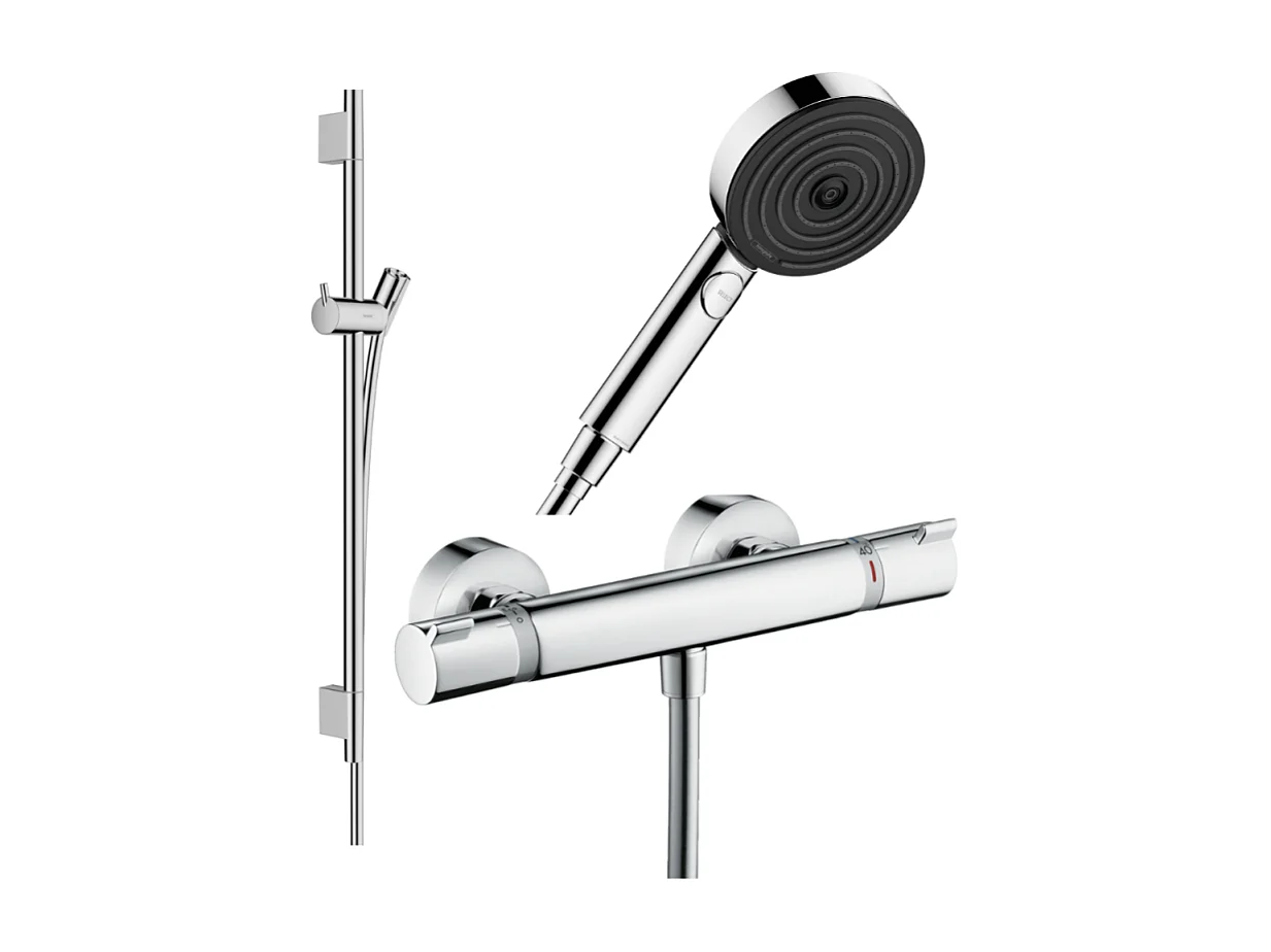 Pack mitigeur douche thermostatique HANSGROHE Ecostat Comfort + Barre Unica + flexible + Pommeau Pulsify Select 3 jets chromé
