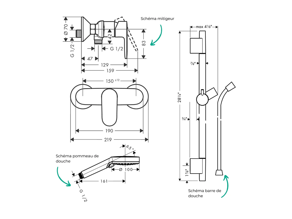 Pack mitigeur douche mécanique HANSGROHE Vernis Blend + Barre Unica S Puro + flexible + Pommeau Vernis Blend Vario noir mat