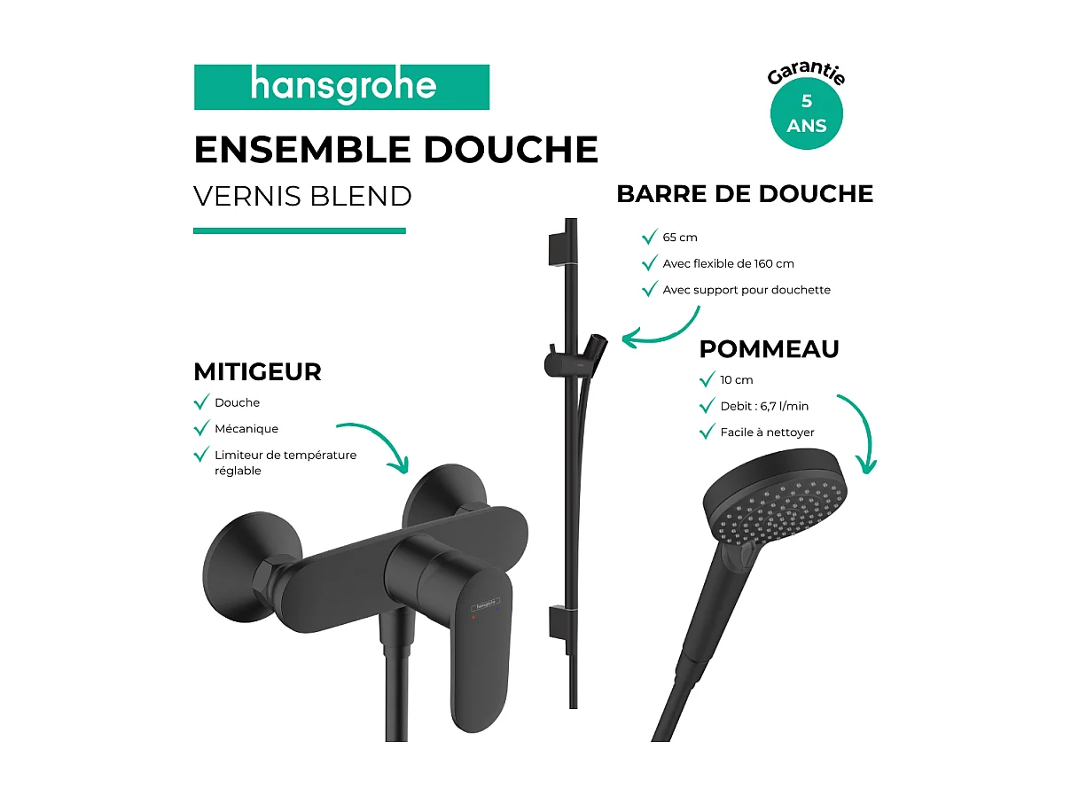 Pack mitigeur douche mécanique HANSGROHE Vernis Blend + Barre Unica S Puro + flexible + Pommeau Vernis Blend Vario noir mat