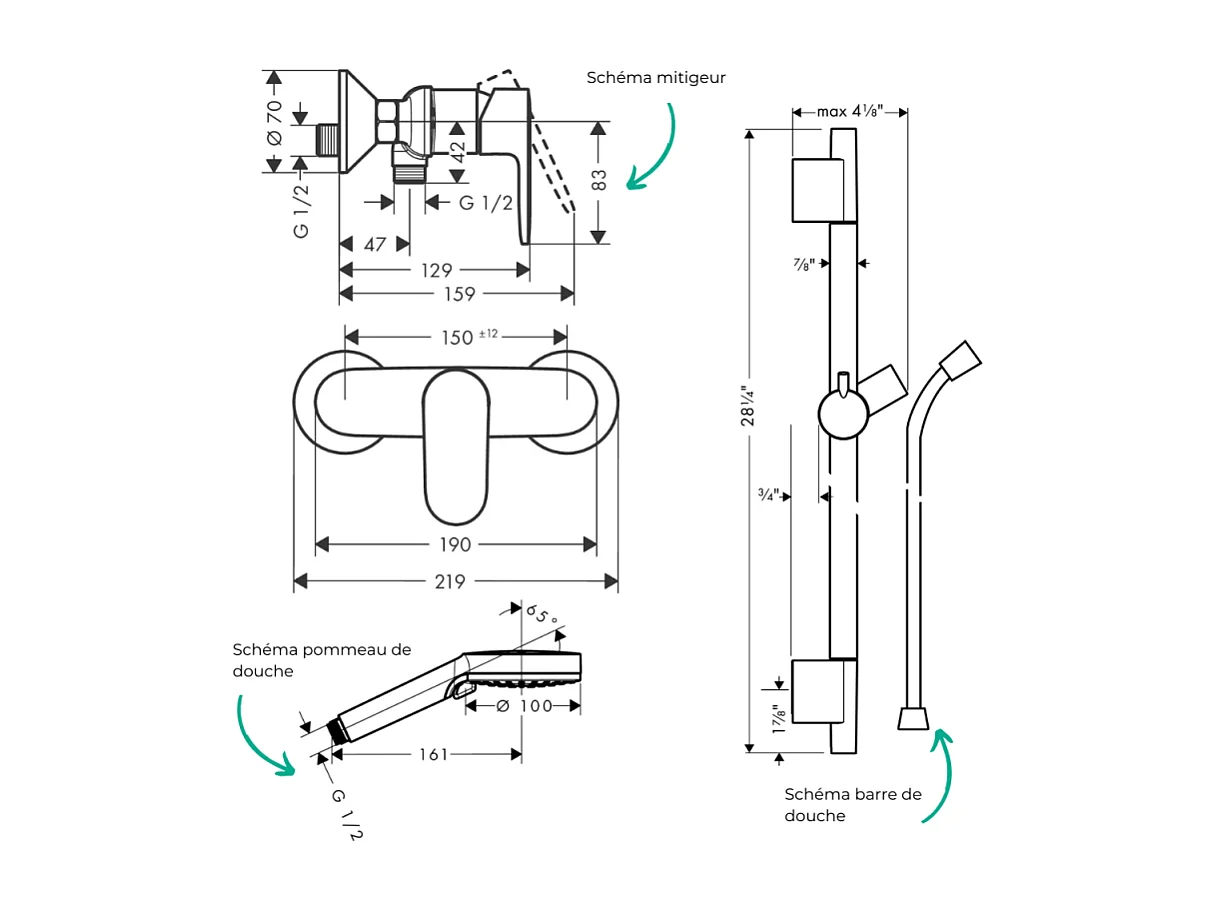 Pack mitigeur douche mécanique HANSGROHE Vernis Blend + Barre Unica S Puro + flexible + Pommeau Vernis Blend Vario noir mat