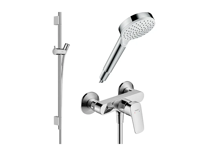 Pack mitigeur douche mécanique HANSGROHE Logis + Barre Unica S Puro + flexible + Pommeau Crometta blanc/chromé