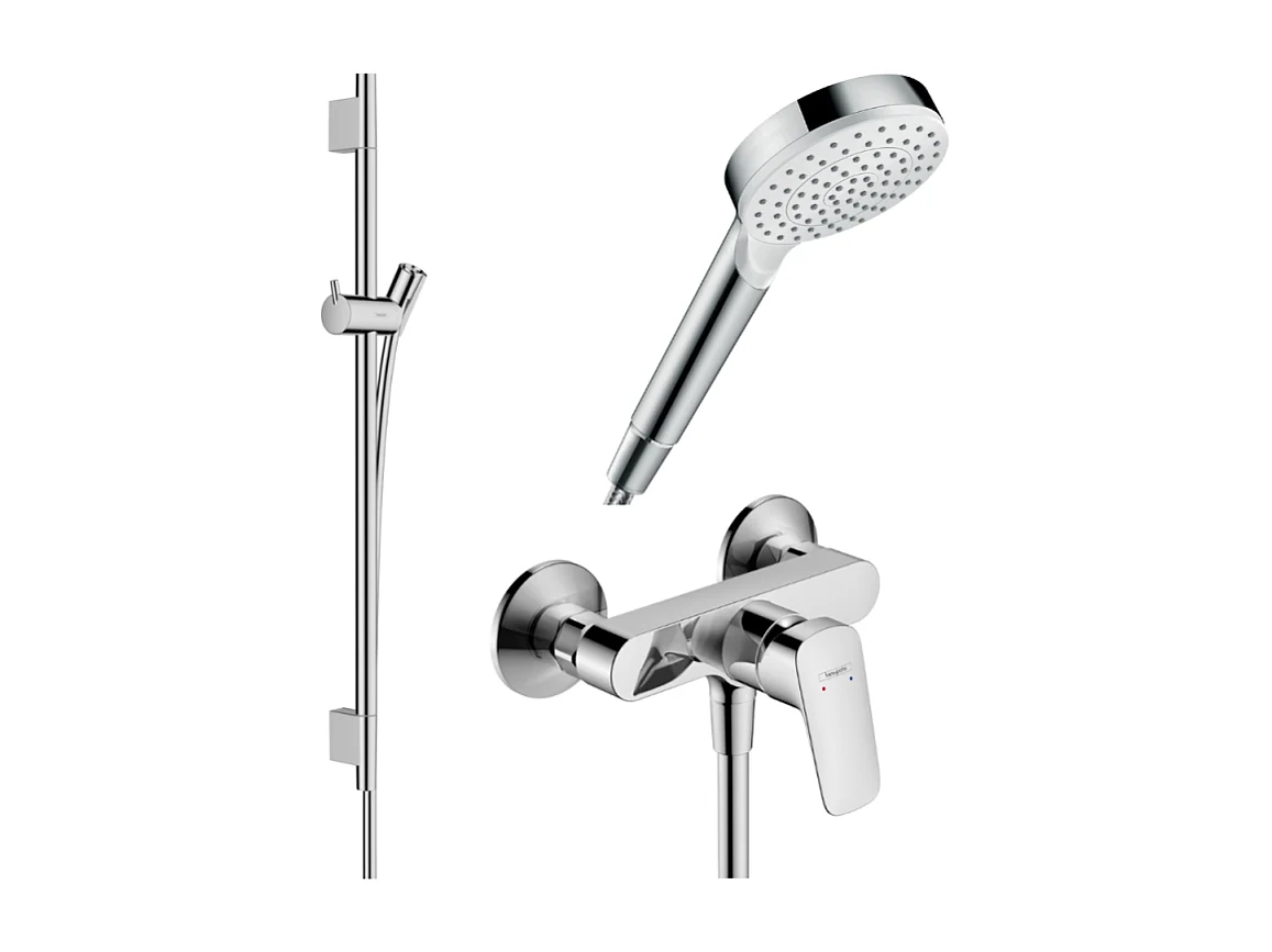 Pack mitigeur douche mécanique HANSGROHE Logis + Barre Unica S Puro + flexible + Pommeau Crometta blanc/chromé