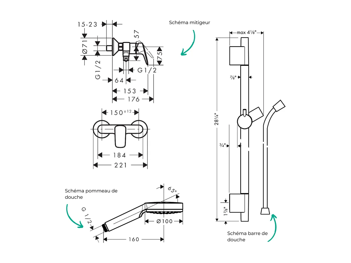 Pack mitigeur douche mécanique HANSGROHE Logis + Barre Unica S Puro + flexible + Pommeau Crometta blanc/chromé