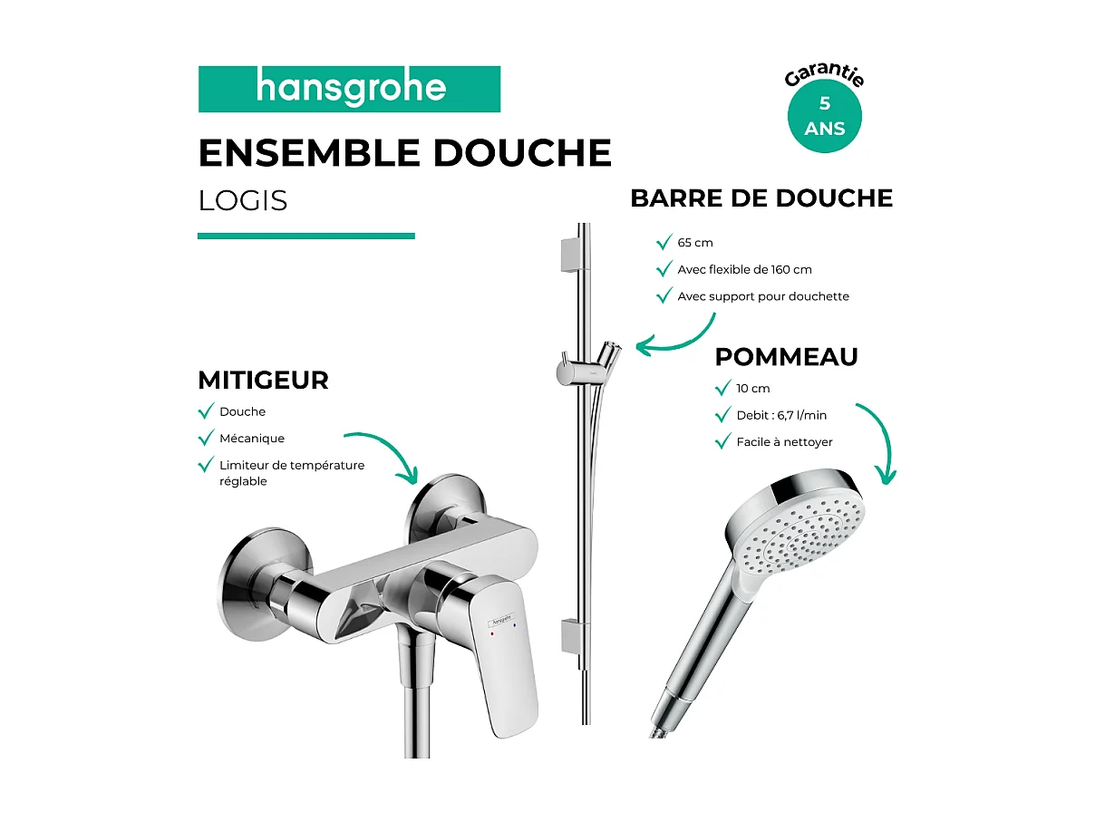Pack mitigeur douche mécanique HANSGROHE Logis + Barre Unica S Puro + flexible + Pommeau Crometta blanc/chromé