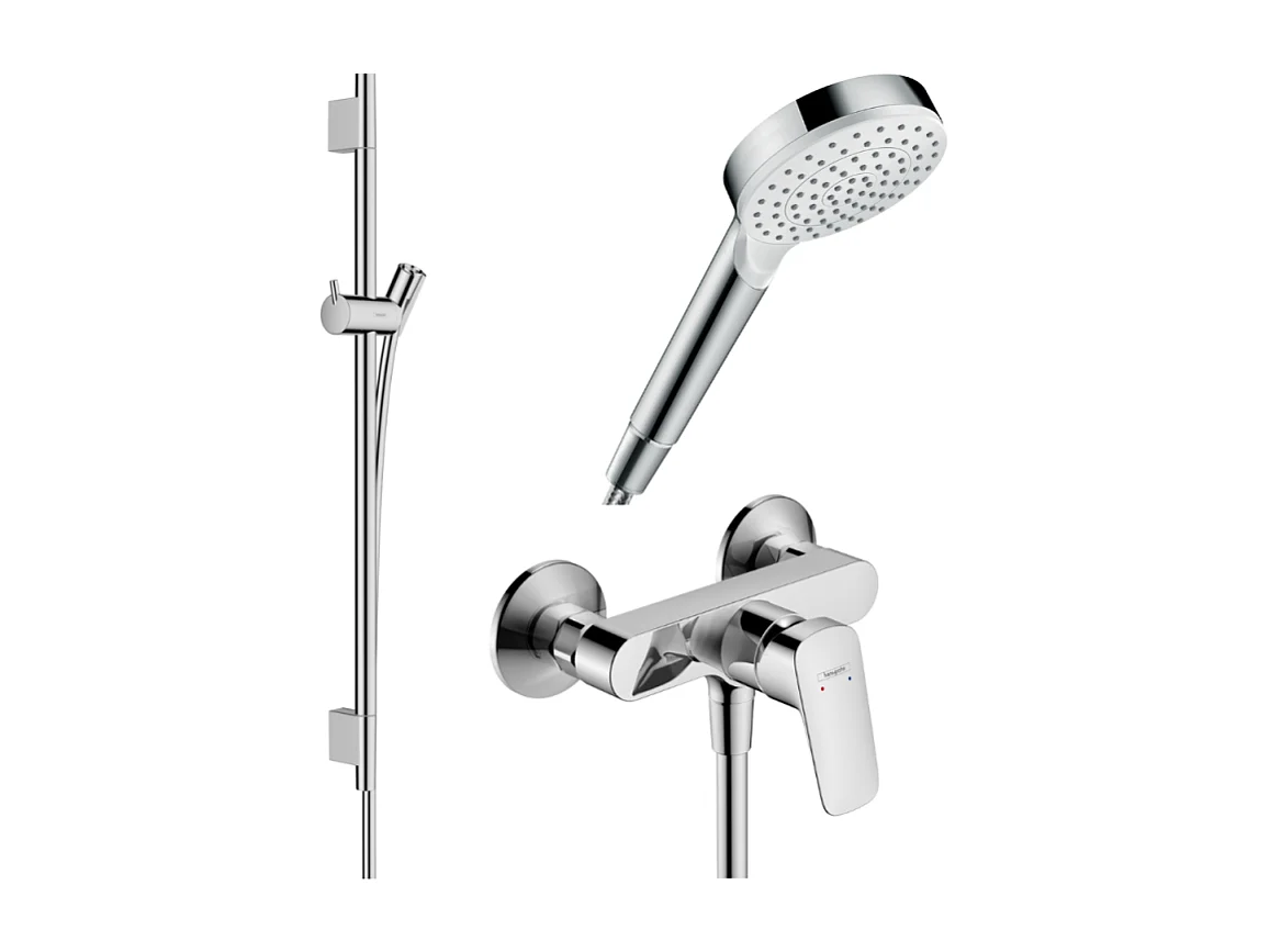 Pack mitigeur douche mécanique HANSGROHE Logis + Barre Unica S Puro + flexible + Pommeau Crometta blanc/chromé
