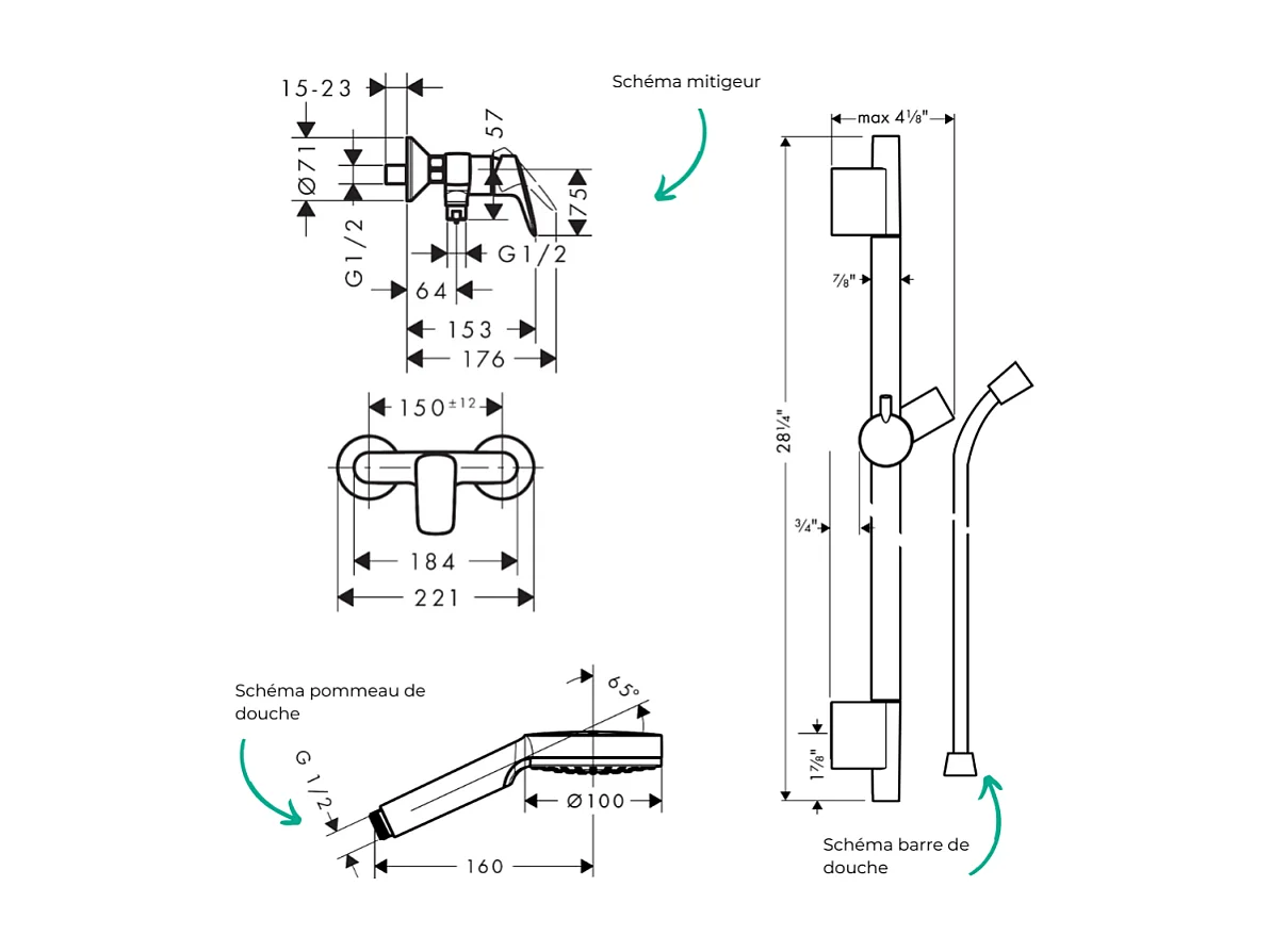Pack mitigeur douche mécanique HANSGROHE Logis + Barre Unica S Puro + flexible + Pommeau Crometta blanc/chromé